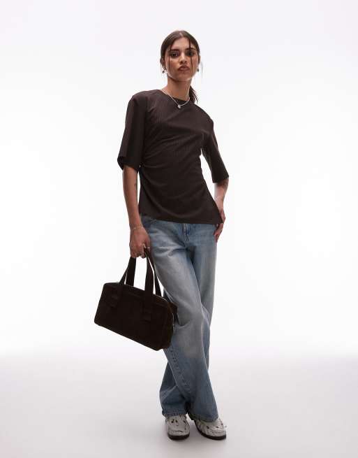ASOS DESIGN tailored cinch waist t shirt in mocha pinstripe