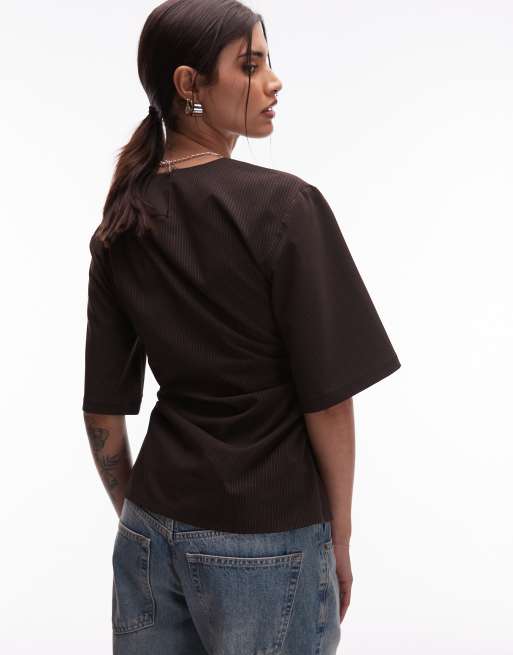 ASOS DESIGN tailored cinch waist t shirt in mocha pinstripe, 3 of 4