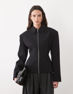 Asos Design Tailored Cinch Waist Zip Up Jacket In Black