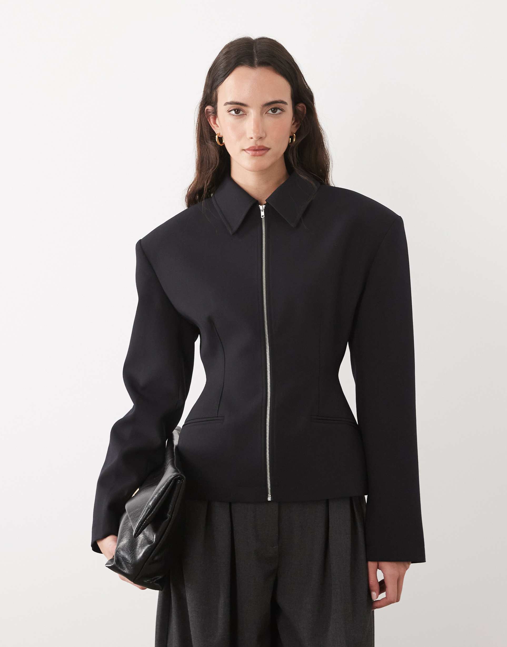 asos design tailored cinch waist zip up jacket in black