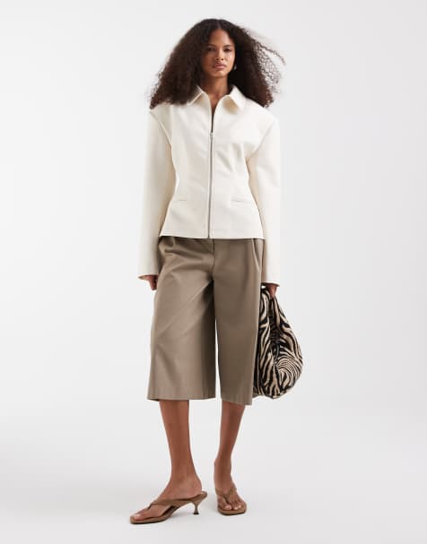 ASOS DESIGN tailored cinch waist zip up jacket in ivory - view 1