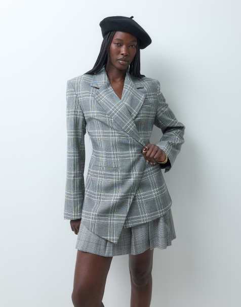 ASOS DESIGN tailored cinched waist blazer suit in grey check - view 1
