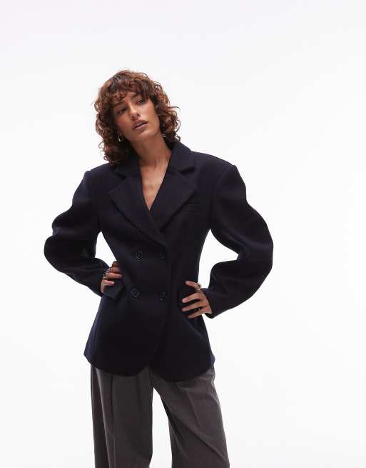ASOS DESIGN Tailored cocoon sleeve cinched waist blazer in wool mix in navy