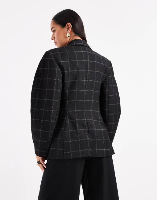 ASOS DESIGN Tailored cocoon sleeve double breasted blazer in window pane check, 2 of 4