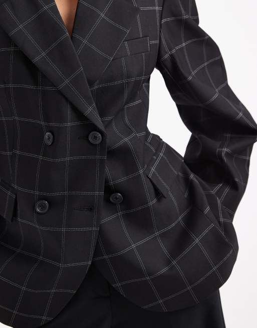 ASOS DESIGN Tailored cocoon sleeve double breasted blazer in window pane check, 3 of 4