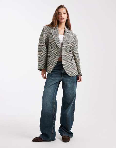 ASOS DESIGN tailored cocoon sleeves double breasted blazer in plaid - view 1