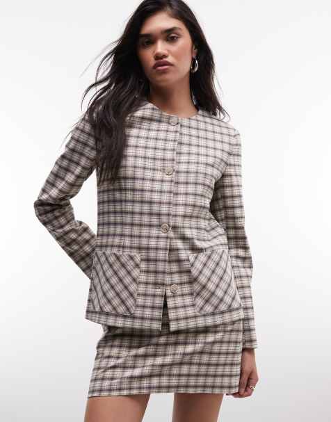 ASOS DESIGN Tailored collarless blazer with mini skirt co-ord in check - view 1