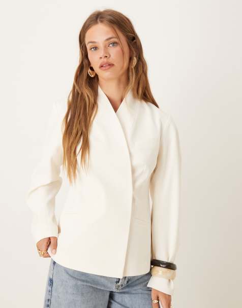ASOS DESIGN tailored collarless cocoon sleeve blazer in ivory - view 1
