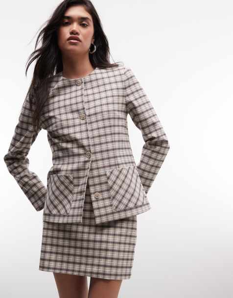 ASOS DESIGN tailored collarless jacket in check - view 1