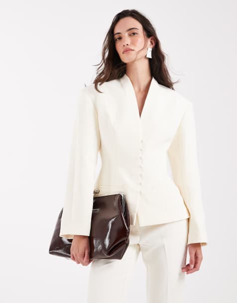 ASOS DESIGN Tailored collarless multi button blazer in cream - view 1