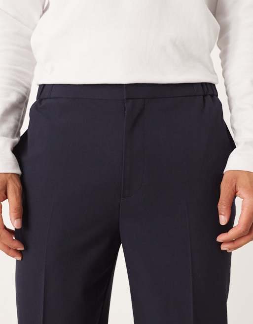ASOS DESIGN tailored comfort stretch tapered fit trousers in navy with elasticated waist, 4 of 5