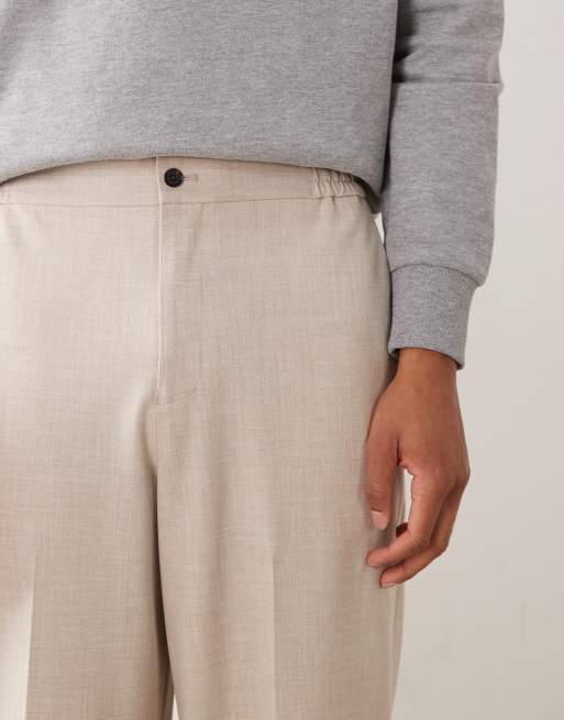 ASOS DESIGN tailored comfort stretch wide leg pants in stone with elastic waist, 2 of 5