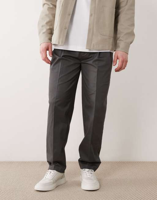 ASOS DESIGN tailored cotton rich oversized tapered chino pants in charcoal with front pleats, 2 of 5