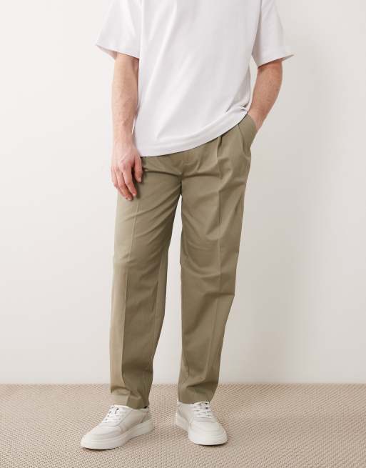 ASOS DESIGN tailored cotton rich oversized tapered chino pants in khaki with front pleats, 2 of 5