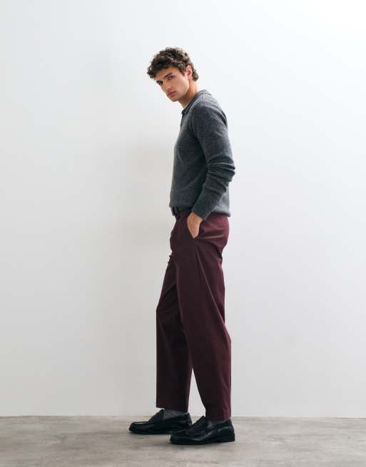 ASOS DESIGN tailored cotton rich pleated oversized tapered pants in burgundy, 2 of 5
