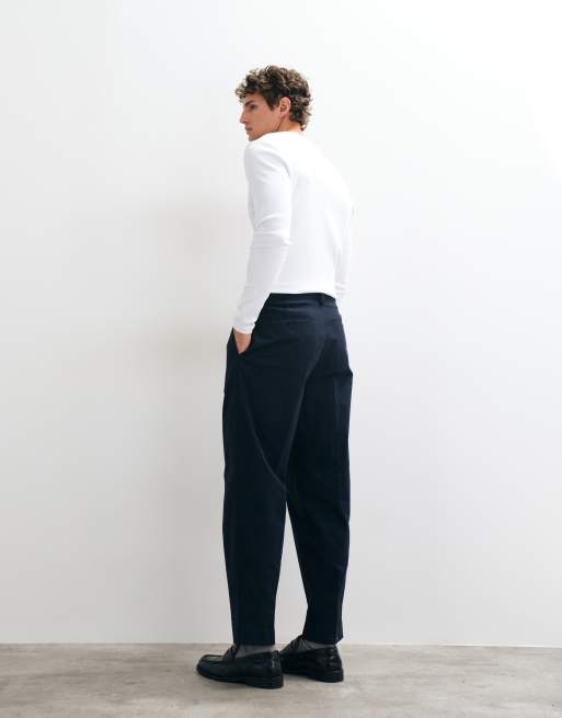 ASOS DESIGN tailored cotton rich pleated oversized tapered pants in navy, 2 of 5