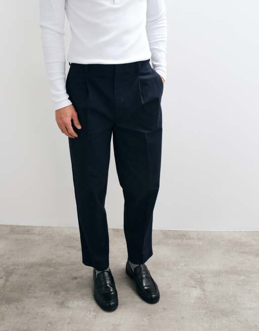 ASOS DESIGN tailored cotton rich pleated oversized tapered pants in navy, 3 of 5