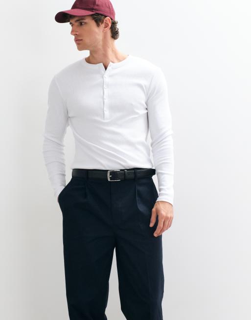 ASOS DESIGN tailored cotton rich pleated oversized tapered pants in navy, 4 of 5