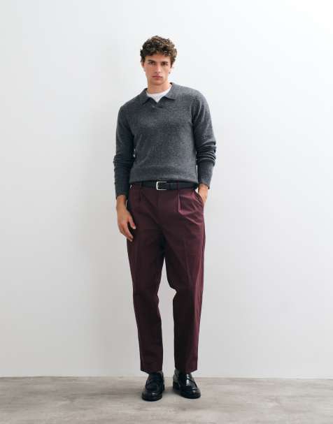 ASOS DESIGN tailored cotton rich pleated oversized tapered trousers in burgundy - view 1