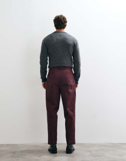 ASOS DESIGN tailored cotton rich pleated oversized tapered trousers in burgundy, 3 of 5