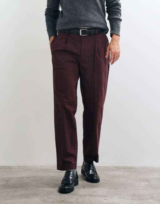 ASOS DESIGN tailored cotton rich pleated oversized tapered trousers in burgundy, 4 of 5