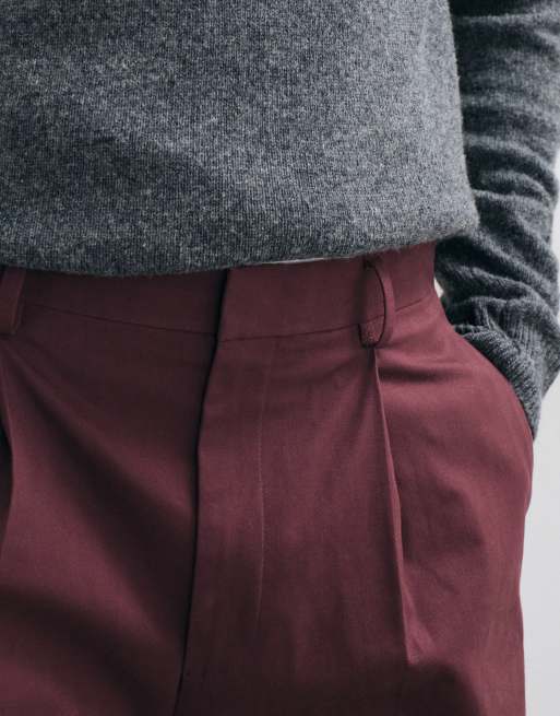 ASOS DESIGN tailored cotton rich pleated oversized tapered trousers in burgundy, 5 of 5