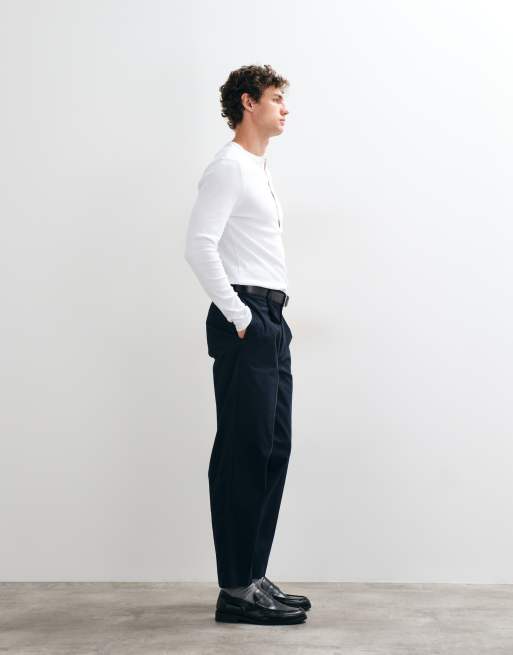 ASOS DESIGN tailored cotton rich pleated oversized tapered trousers in navy, 5 of 5