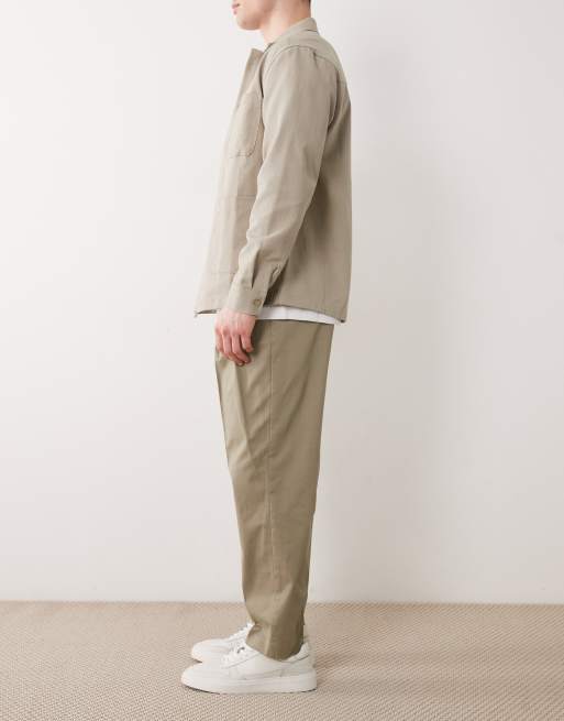 ASOS DESIGN tailored cotton rich relaxed tapered chino pants in khaki with front pleats, 3 of 5