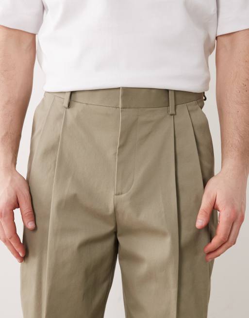 ASOS DESIGN tailored cotton rich relaxed tapered chino pants in khaki with front pleats, 5 of 5