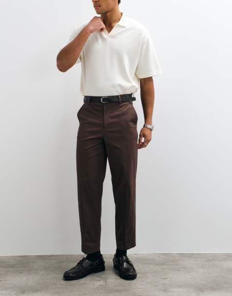 ASOS DESIGN tailored cotton rich relaxed tapered chino trousers in brown with coin pocket - view 1