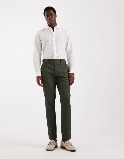 ASOS DESIGN tailored cotton rich slim chino trousers in dark green with turnup, 2 of 5