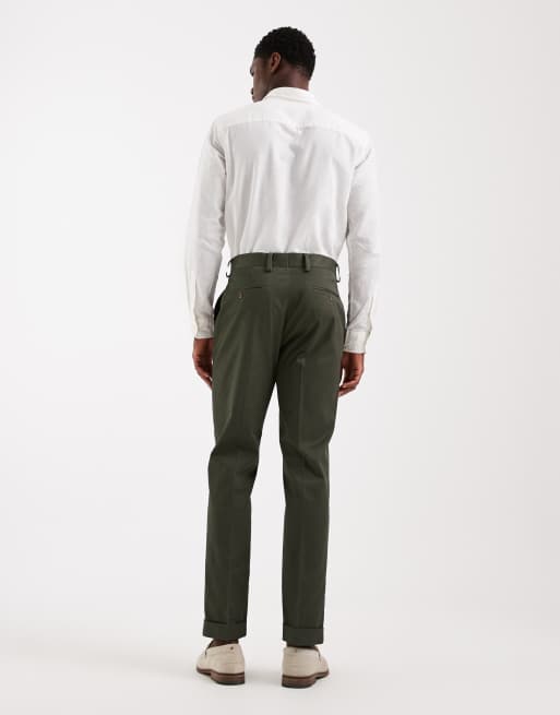 ASOS DESIGN tailored cotton rich slim chino trousers in dark green with turnup, 3 of 5