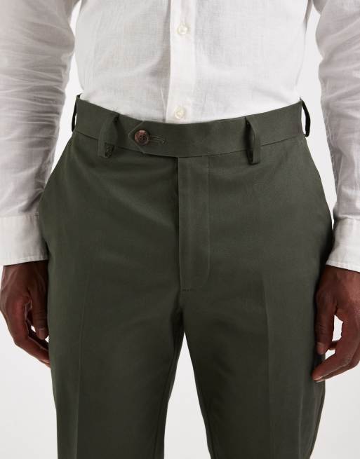 ASOS DESIGN tailored cotton rich slim chino trousers in dark green with turnup, 4 of 5