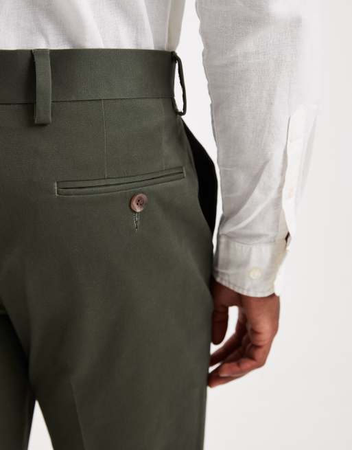 ASOS DESIGN tailored cotton rich slim chino trousers in dark green with turnup, 5 of 5