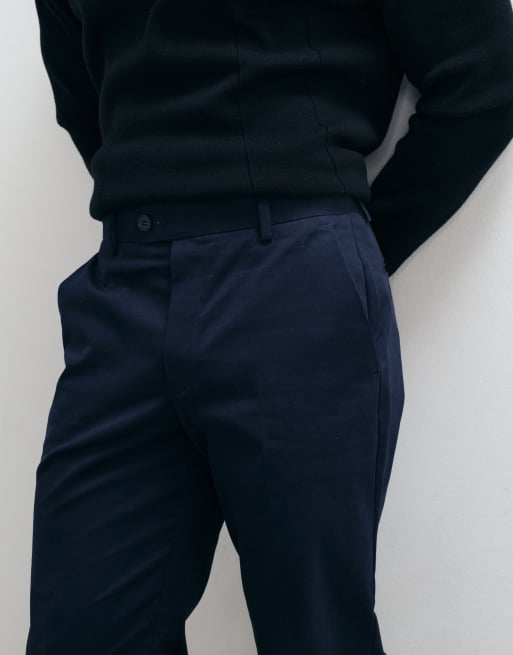 ASOS DESIGN tailored cotton rich slim chino trousers in navy with turnup, 4 of 5