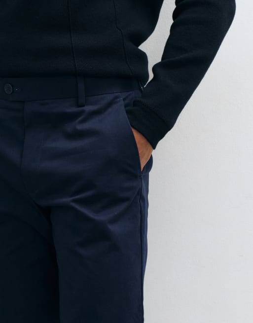 ASOS DESIGN tailored cotton rich slim chino trousers in navy with turnup, 5 of 5