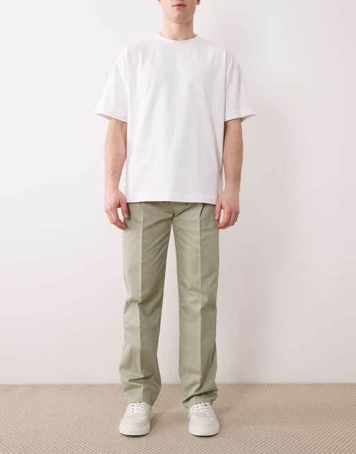 ASOS DESIGN tailored cotton rich straight leg chino trousers in sage green with front pleats, 2 of 5