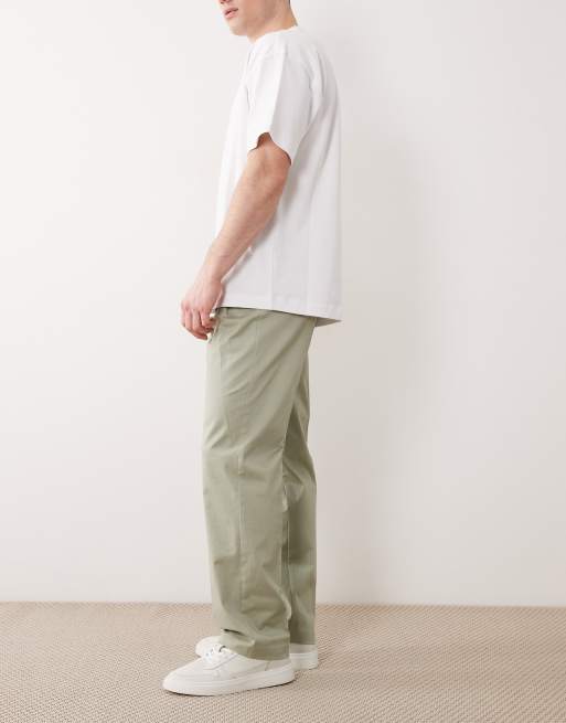 ASOS DESIGN tailored cotton rich straight leg chino trousers in sage green with front pleats, 3 of 5