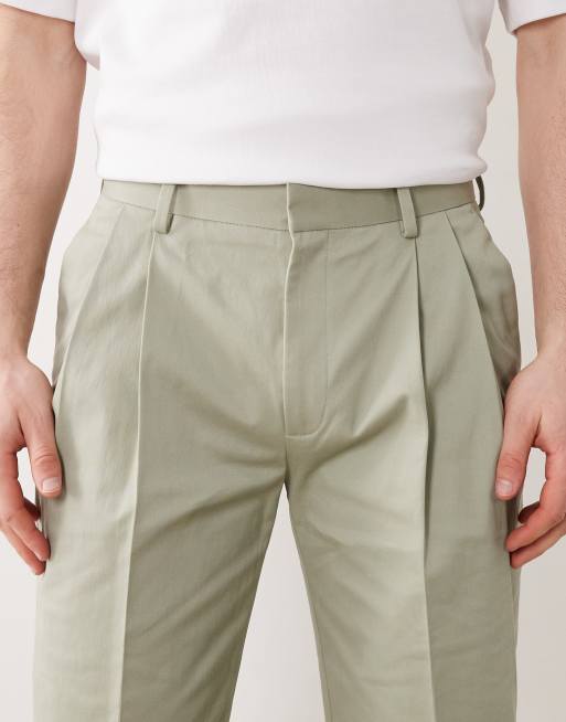 ASOS DESIGN tailored cotton rich straight leg chino trousers in sage green with front pleats, 5 of 5