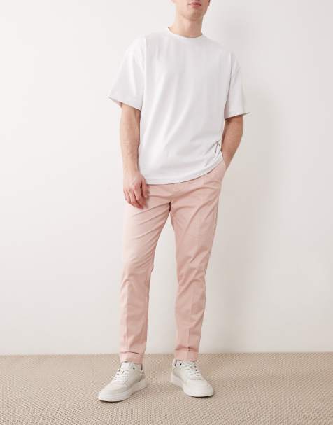 ASOS DESIGN tailored cotton rich tapered chino trousers in pink with turnup - view 1