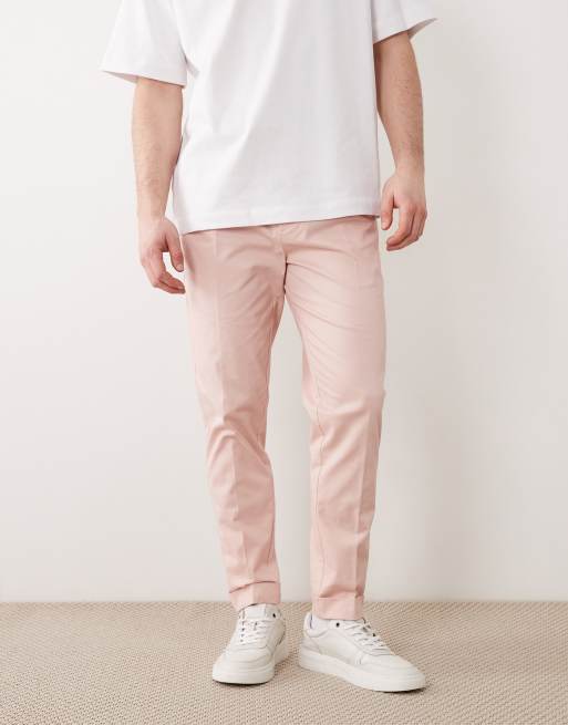 ASOS DESIGN tailored cotton rich tapered chino trousers in pink with turnup, 2 of 5