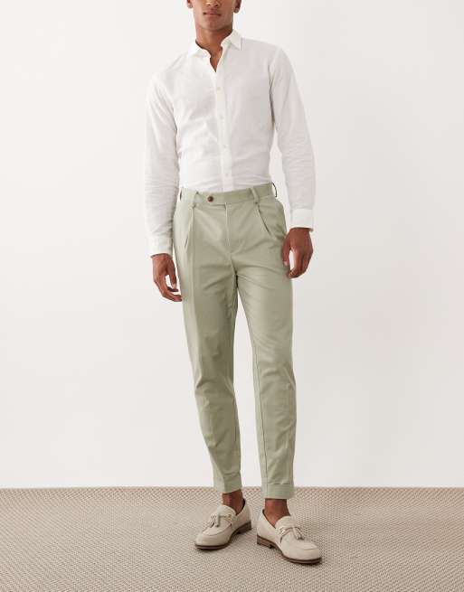 ASOS DESIGN tailored cotton rich tapered chino trousers in sage green with turnup, 2 of 5