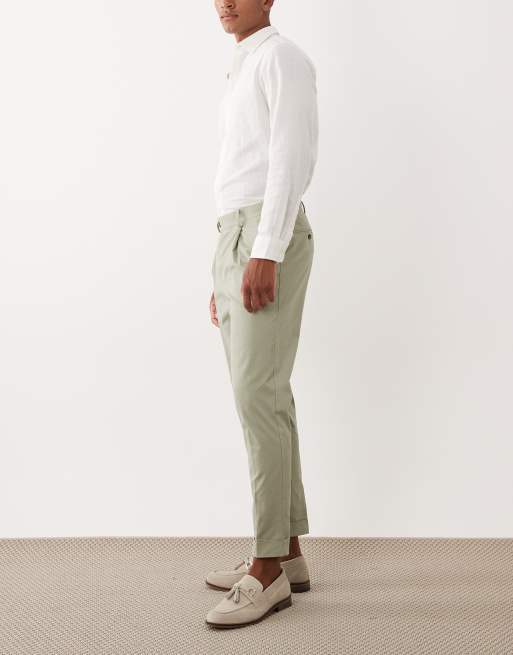 ASOS DESIGN tailored cotton rich tapered chino trousers in sage green with turnup, 3 of 5