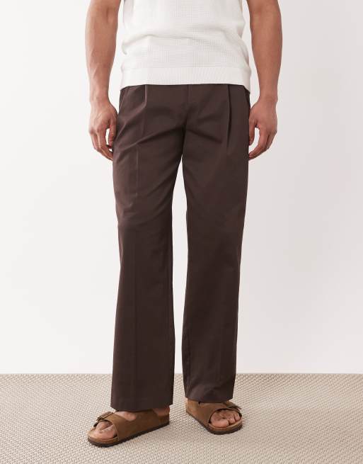 ASOS DESIGN tailored cotton rich wide leg chino pants in dark brown with front pleats, 2 of 5