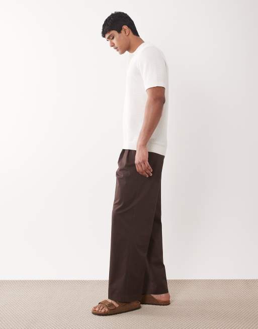 ASOS DESIGN tailored cotton rich wide leg chino pants in dark brown with front pleats, 3 of 5