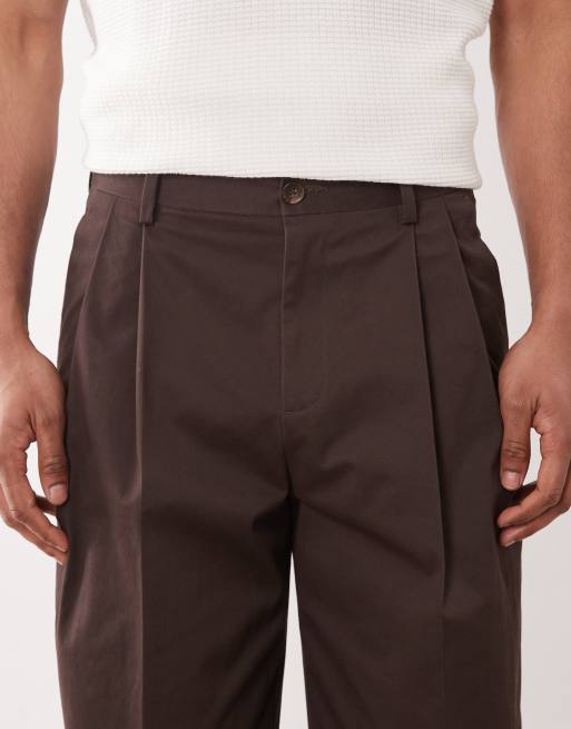 ASOS DESIGN tailored cotton rich wide leg chino pants in dark brown with front pleats, 4 of 5
