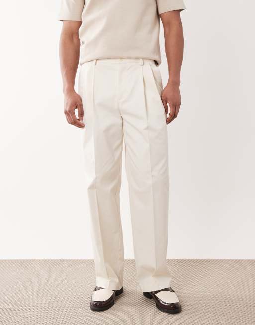ASOS DESIGN tailored cotton rich wide leg chino pants in ecru with front pleats, 2 of 5