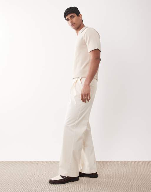 ASOS DESIGN tailored cotton rich wide leg chino pants in ecru with front pleats, 3 of 5