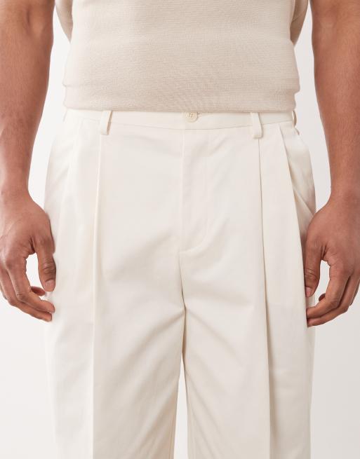 ASOS DESIGN tailored cotton rich wide leg chino pants in ecru with front pleats, 4 of 5