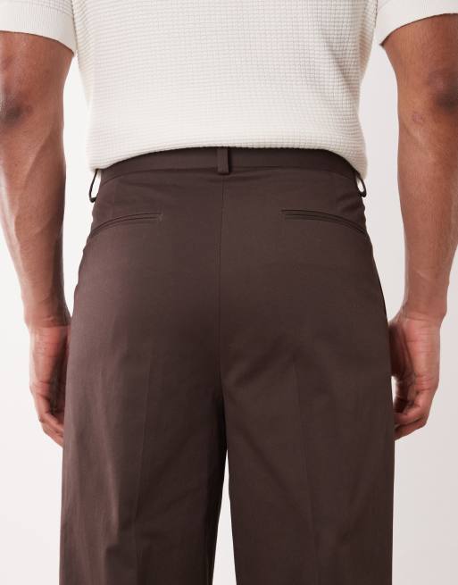 ASOS DESIGN tailored cotton rich wide leg chino trousers in dark brown with front pleats, 5 of 5